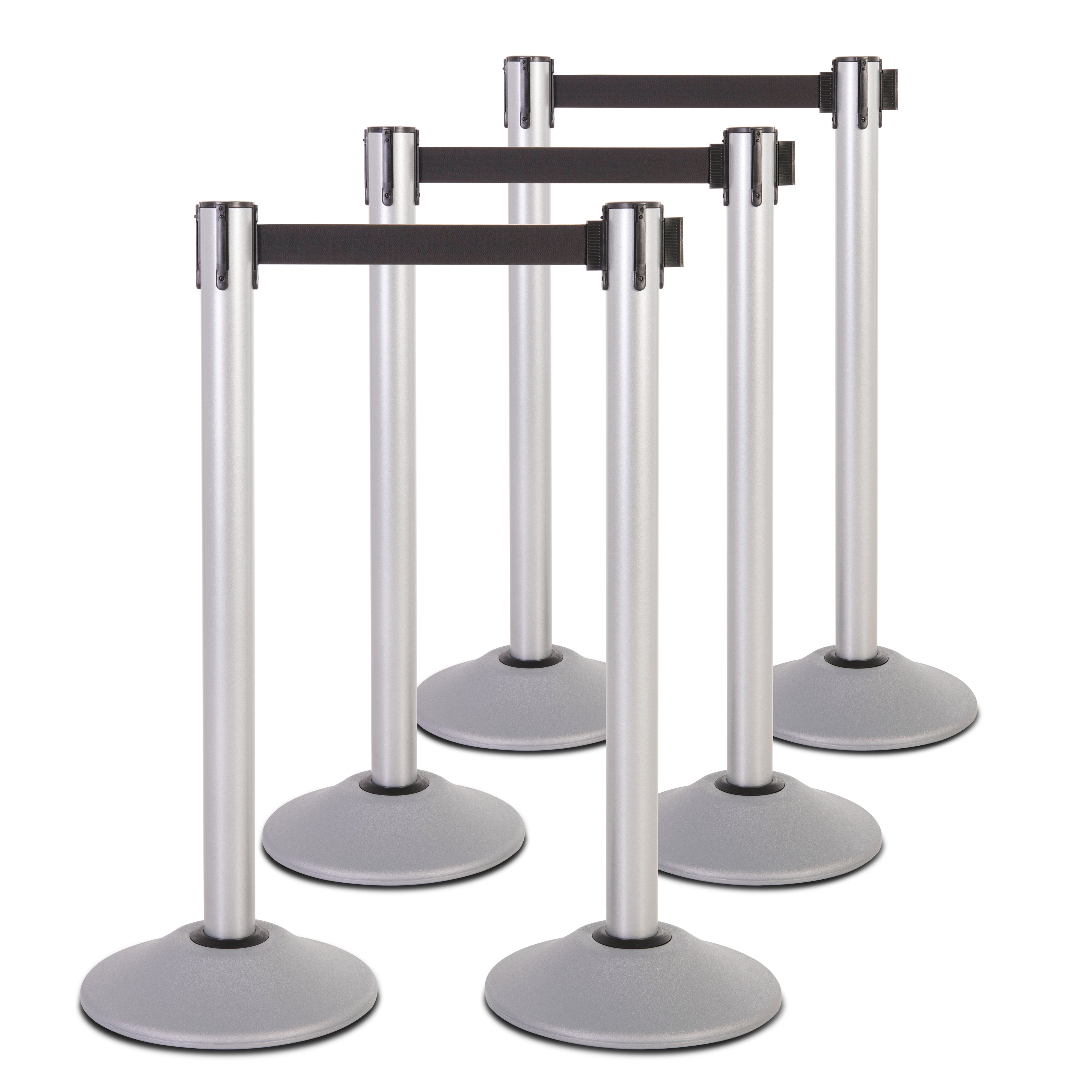 6-Pack Premium Steel Stanchions Barriers with Retractable Belt - Silver