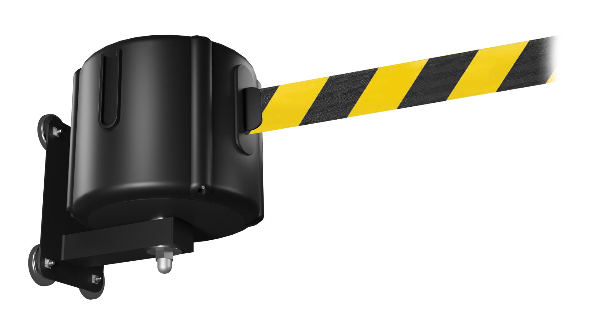WallPro Magnetic 750 wall mounted belt barrier, black unit with yellow/black diagonal belt