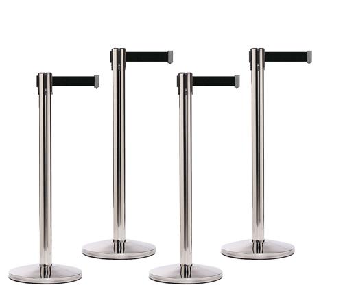 SET OF 4 Polished Stainless RETRACTABLE BELT BARRIERS-Queue Master - The Crowd Controller