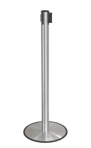 Stanchions Barriers Ultra-Thin Base | Single Belt | Satin Aluminum - The Crowd Controller